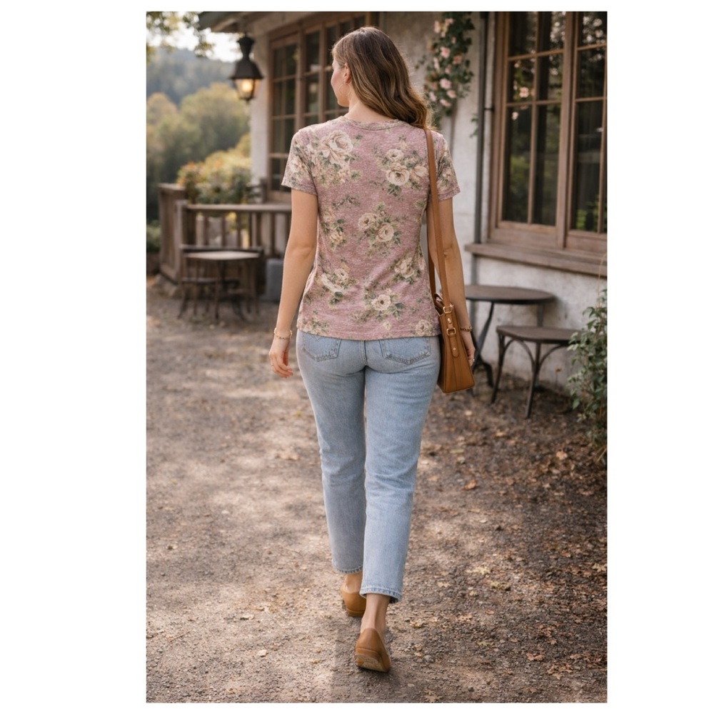 RIPE Floral Knit Soft Stretchy Tee Dusty Rose Sz S Rayon Blend Cottagecore Boho - Picture 6 of 16